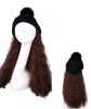 Womens Black Winter Knit Hat with Light Brown Synthetic Long Curly Corn Wave Hair Attached Wig Cap - Default