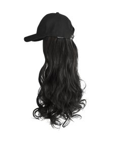 Baseball Cap with Natural Black Synthetic Long Wavy Hair Attached for Womens Adjustable Wig Cap - Default
