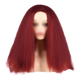 Afro Yaki Hair Straight Curly Wigs Wine Red Long Full Wig Fluffy Synthetic Hair Wigs for Daily Wear, 24inch - Default