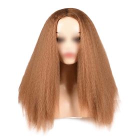 Afro Yaki Hair Straight Curly Wigs Khaki Long Full Wig Fluffy Synthetic Hair Wigs for Daily Wear, 24inch - Default