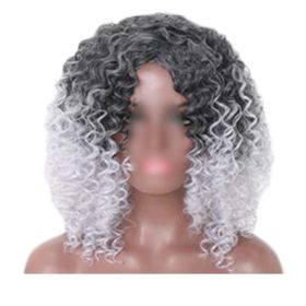 Black Grey Afro Hair Wig 2Tone Short Curly Fluffy Wigs with Bangs Synthetic Hair Full Wig,16 inch - Default