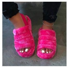 Women Fur Wedge Slippers with Ankle Elastic Band Open Toe Winter Slides Home Slipper Plush Slip-on Fluffy Warm Indoor Slippers Comfortable - Pink - 37