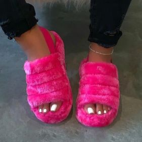 Women Fur Wedge Slippers with Ankle Elastic Band Open Toe Winter Slides Home Slipper Plush Slip-on Fluffy Warm Indoor Slippers Comfortable - Pink - 38