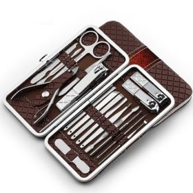 Set of 18 Pieces Nail Clipper Set Stainless Steel Nail Tools Manicure & Pedicure Travel Grooming Kit with Hard Case - brown