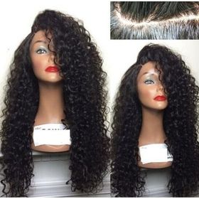 Wig Synthetic Fiber Lace Front Wig Kinky Curly L Part Heat Resistant Wigs with Cap Replacement Natural Black Wig For Women - Black