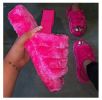Women Fur Wedge Slippers with Ankle Elastic Band Open Toe Winter Slides Home Slipper Plush Slip-on Fluffy Warm Indoor Slippers Comfortable - Pink - 39